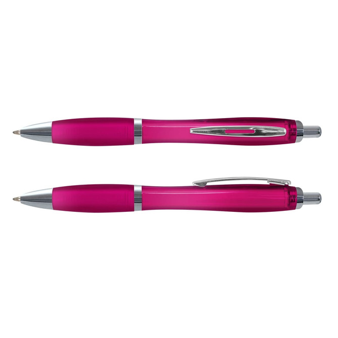 A pair of translucent pink plastic pens with silver accents and clip. One pen is capped; the other is uncapped.
