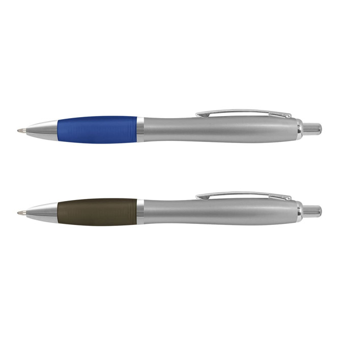 Two plastic pens, one with a blue grip and silver barrel, the other with a green grip and silver barrel, both featuring a logo.