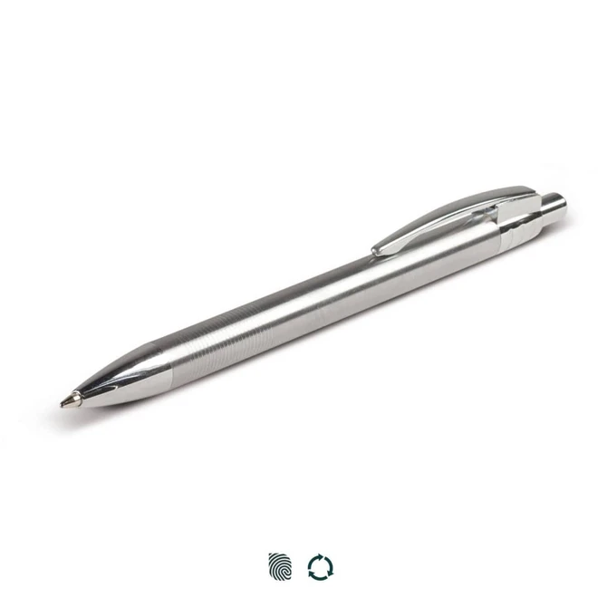A recycled stainless steel pen with a sleek, metallic finish and a clip. It features a logo on the barrel.