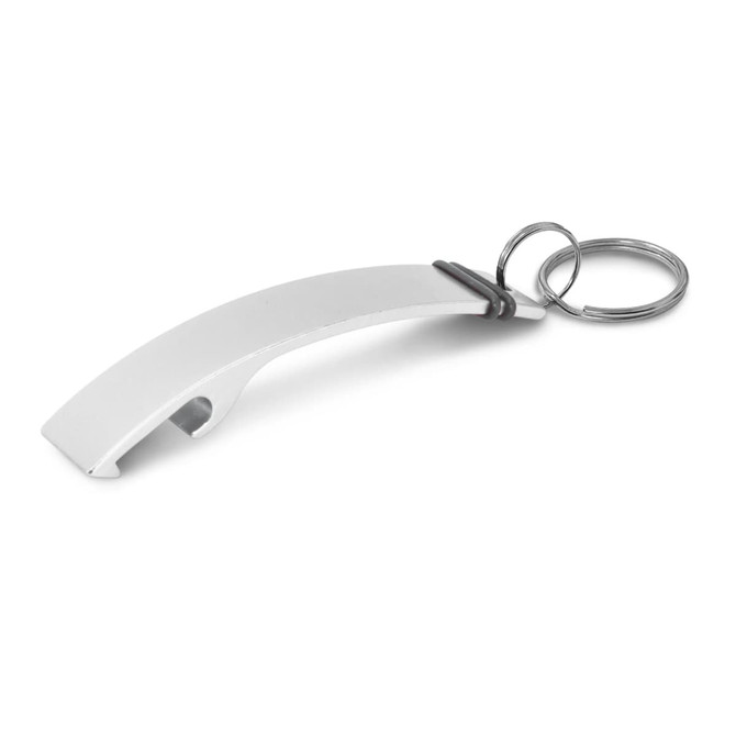 A drink bottle opener key ring with a sleek silver design, featuring a metal opener and a key ring attachment.