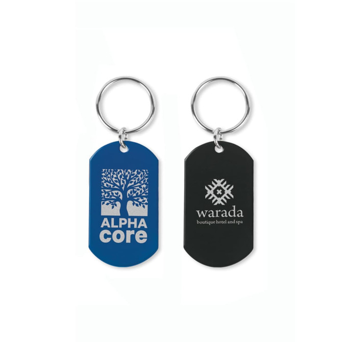 A blue and black key ring featuring a tree design and branding on each side.