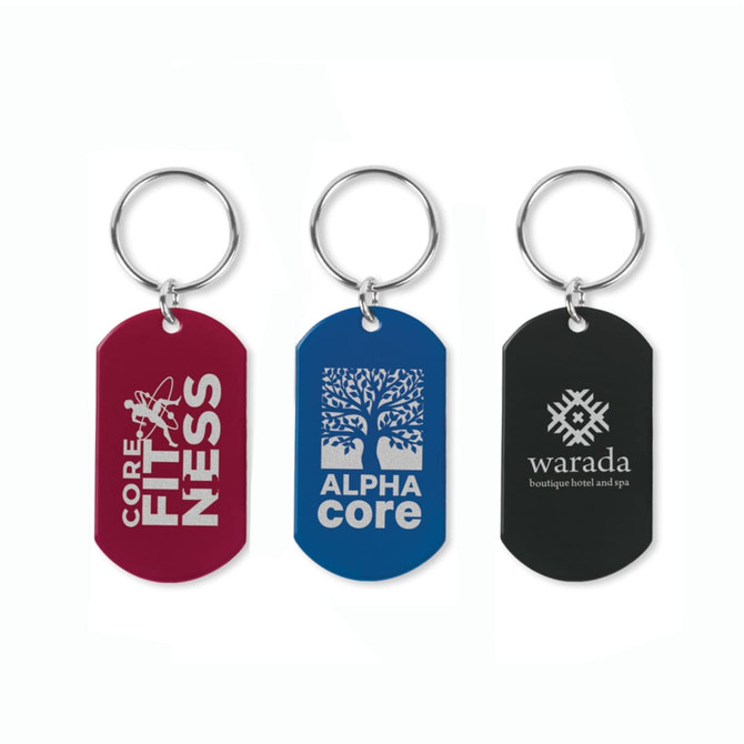 A set of three key rings in burgundy, blue, and black, each featuring a different logo or design.