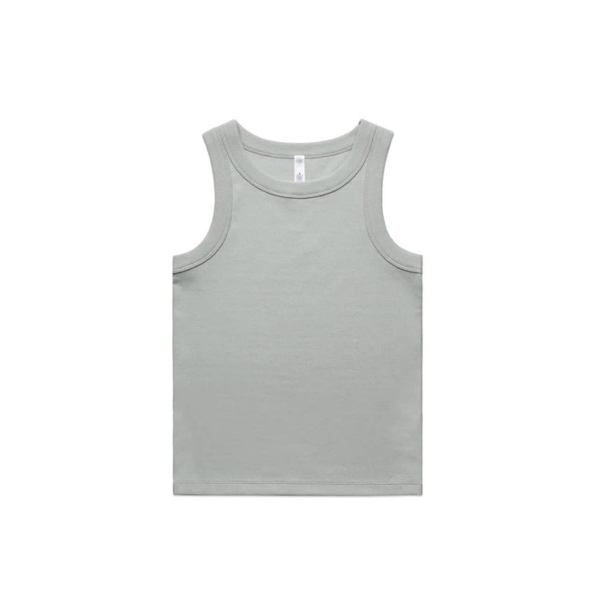 A light grey organic rib tank top with a simple design and a logo on the label.