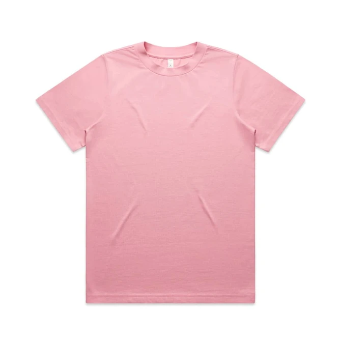 A pink T-shirt with short sleeves and a crew neckline, featuring a simple design and a branding logo.