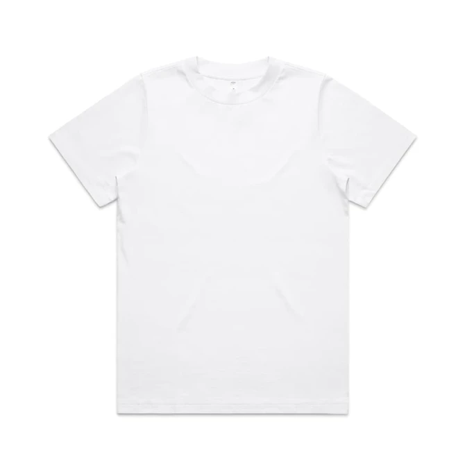 A white t-shirt with a classic crew neck design and short sleeves, featuring a logo.
