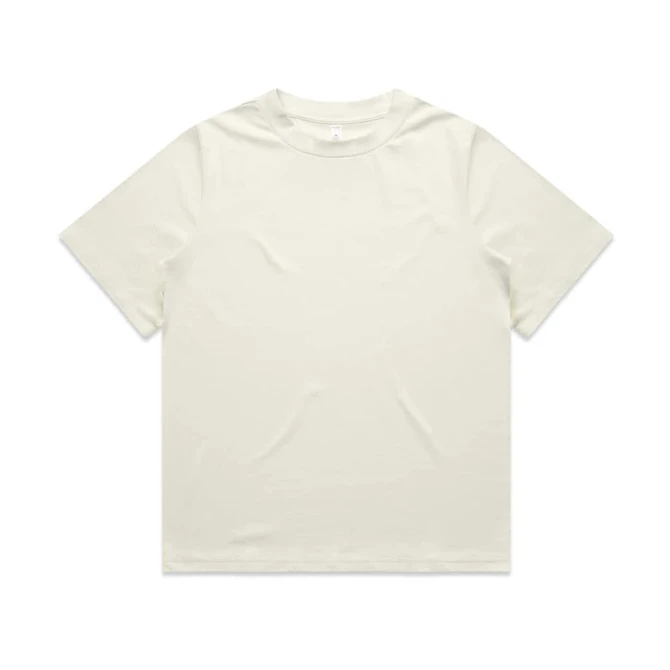 A plain cream heavy T-shirt with short sleeves and a regular fit, featuring a logo on the label.