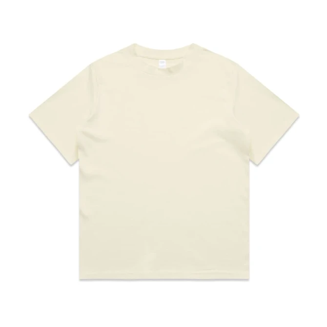 A plain cream-coloured T-shirt with short sleeves and a crew neck. It features a logo on the inside label.