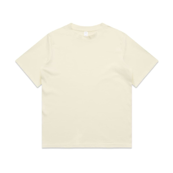 A plain cream-coloured T-shirt with short sleeves and a crew neck. It features a logo on the inside label.