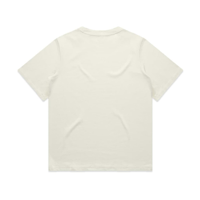 A cream-coloured t-shirt featuring short sleeves and a plain back design. It has a branding logo.