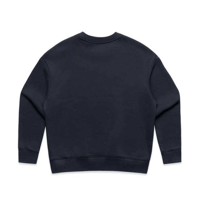 A dark navy jumper with a classic crew neck and long sleeves, featuring a solid back design.