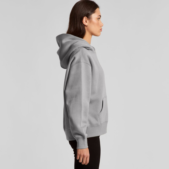 A grey hoodie featuring a kangaroo pocket and a hood, presented from the side. It includes a logo.