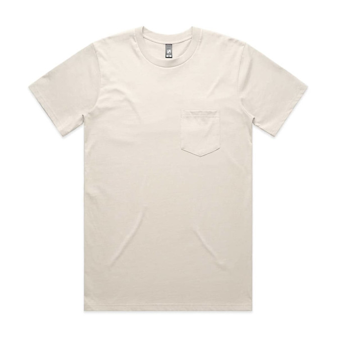 A light beige t-shirt with a pocket on the left chest area. The shirt features a small logo.