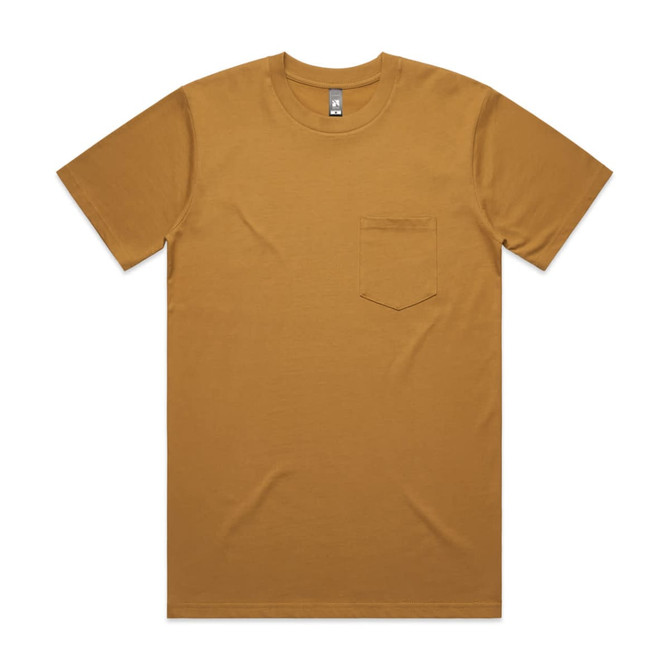 A classic pocket tee in a warm mustard colour, featuring a single chest pocket and short sleeves.