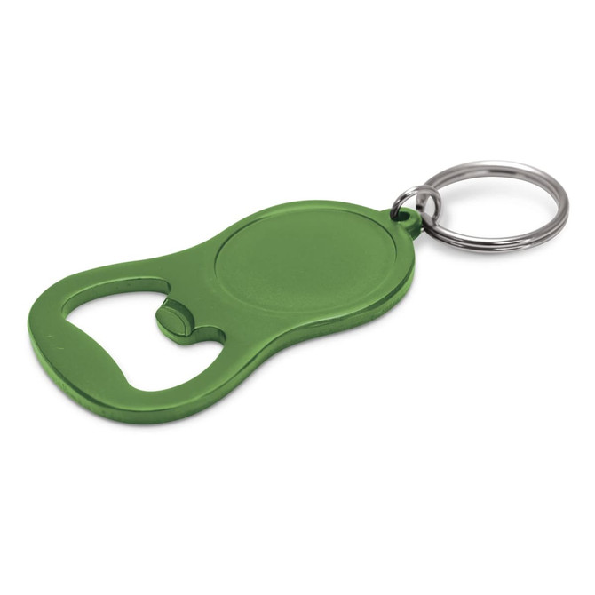 A drink bottle opener key ring in green, featuring a simple design and a metal keyring attachment.