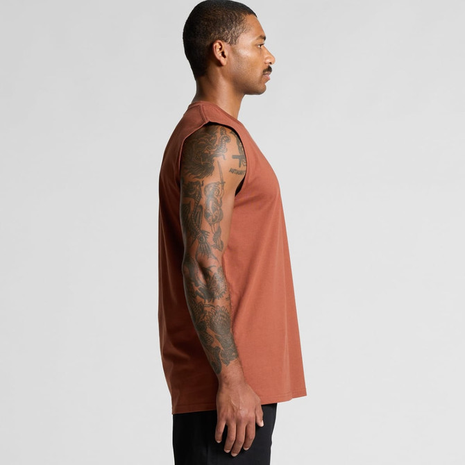 A sleeveless tank shirt in a terracotta colour, featuring a logo on the chest and a side view of a model.