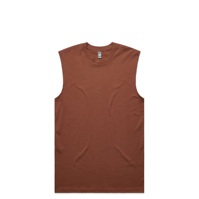 A brown sleeveless tank top with a round neckline and a tag label, featuring a simple design.