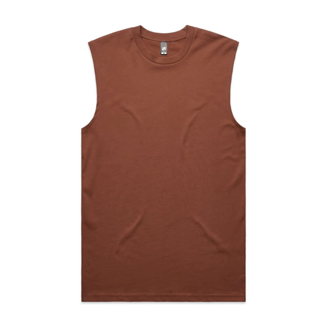 A brown sleeveless tank top with a plain design and a logo at the neckline.