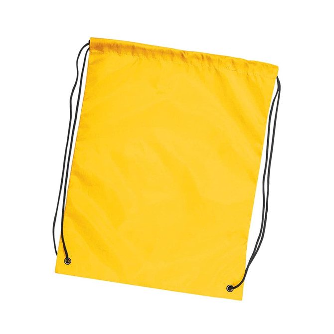 A yellow drawstring backpack with black cords, featuring a branding logo.
