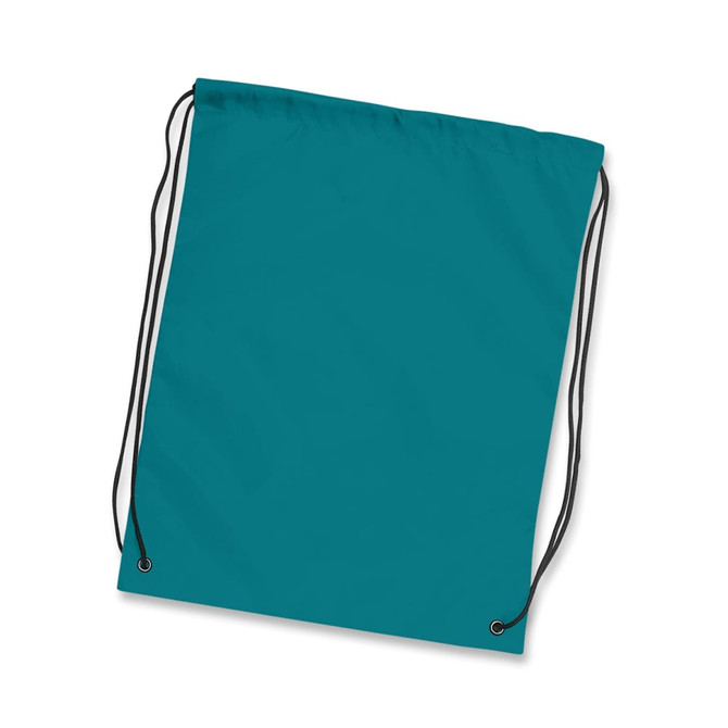 A teal drawstring backpack with black cords and eyelets. It has a simple, unembellished design.