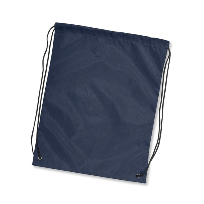A navy drawstring backpack with black cords for closure and a simple, solid design.