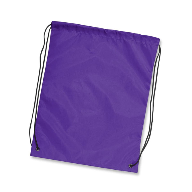 A purple drawstring backpack with black cords, featuring a simple design and no prominent logos.