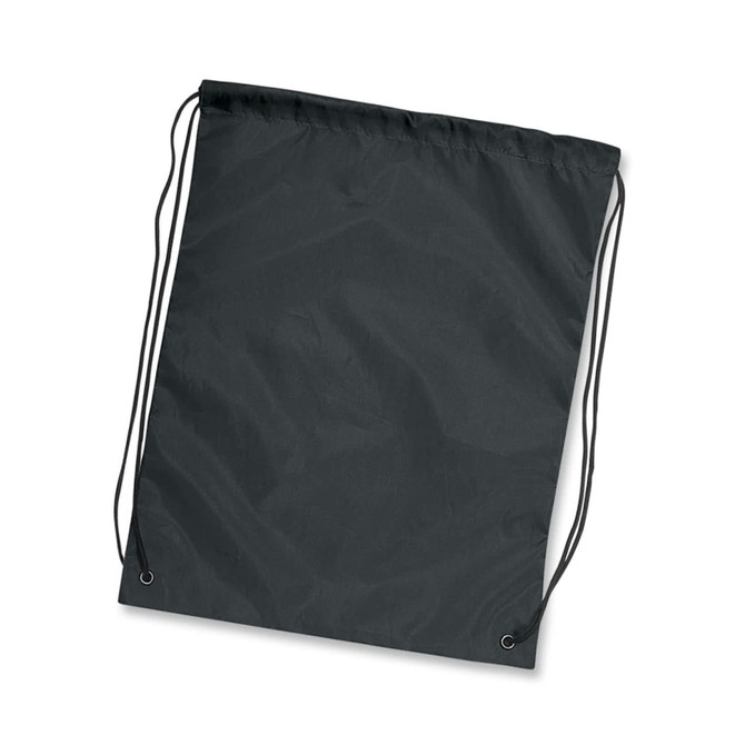 A black drawstring backpack with two cords for closure and a simple, unadorned design.