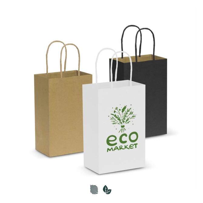 A small paper carry bag set in brown, black, and white, featuring a logo on the white bag.