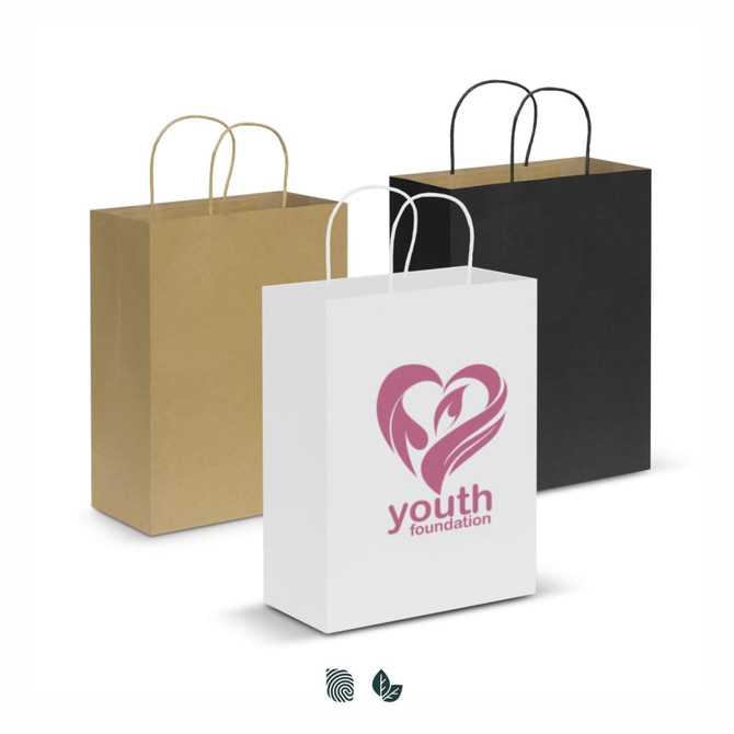 A large paper carry bag set in brown, black, and white, featuring a logo on the white bag.