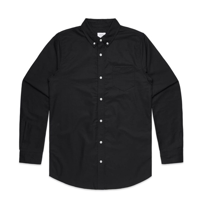 A black Oxford shirt with long sleeves, a button-down collar, and a chest pocket. It features a logo on the fabric.