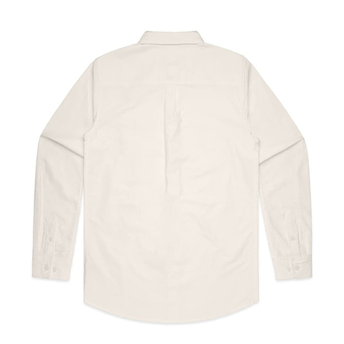 A beige button-up Oxford shirt featuring long sleeves and a back pleat. It includes a logo detail.