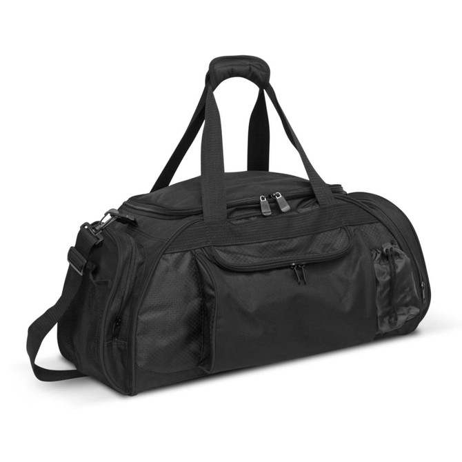 A black Horizon Duffle Bag featuring multiple compartments, robust handles, and a detachable shoulder strap.