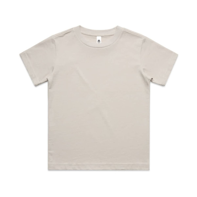 A light beige youth classic t-shirt with a simple design and a small logo on the label.