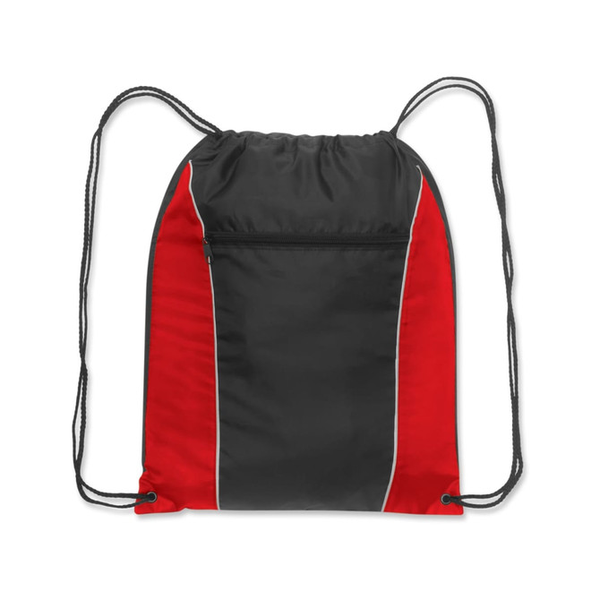 A drawstring backpack in black and red with a front zippered pocket.