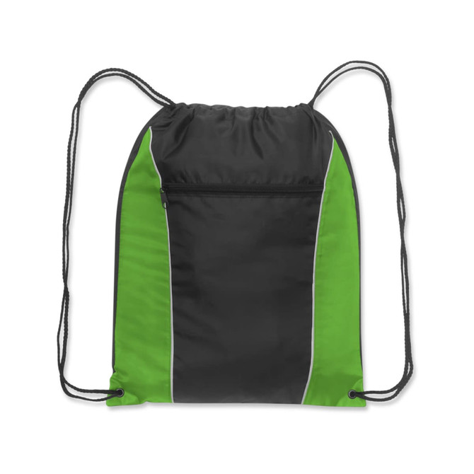 A black and green Ranger Drawstring Backpack featuring a front zippered pocket and drawstring closure.