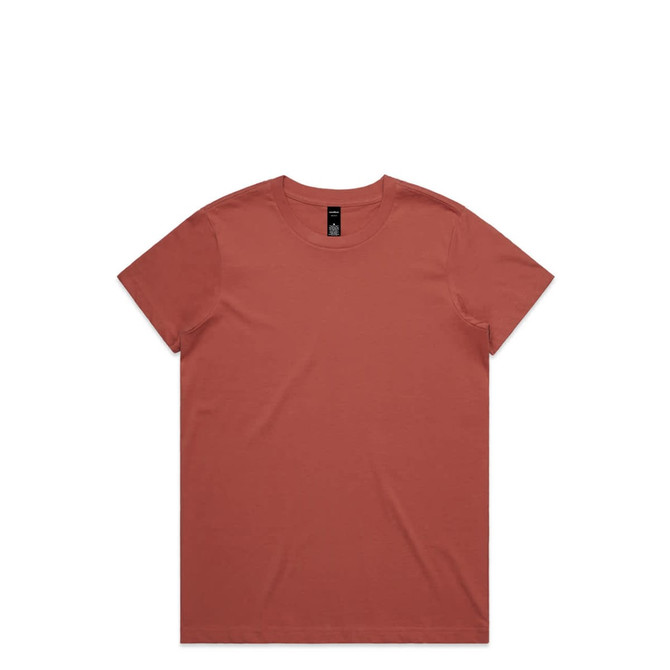 A plain rust-coloured T-shirt with a crew neckline and short sleeves, featuring a brand logo on the label.