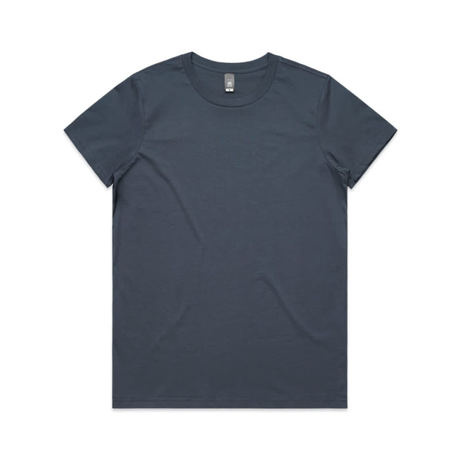 A dark teal t-shirt with a round neckline and short sleeves, featuring a branding logo.