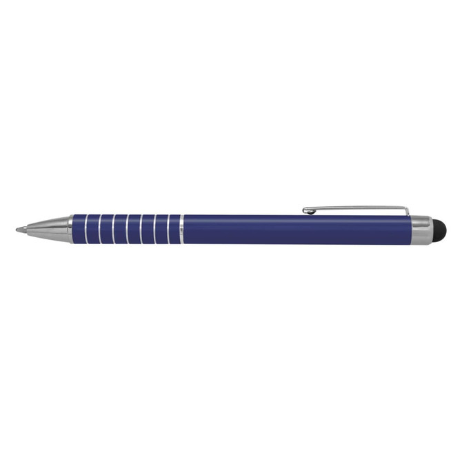 A blue stylus pen with silver accents and a black tip, featuring a clip and decorative rings.