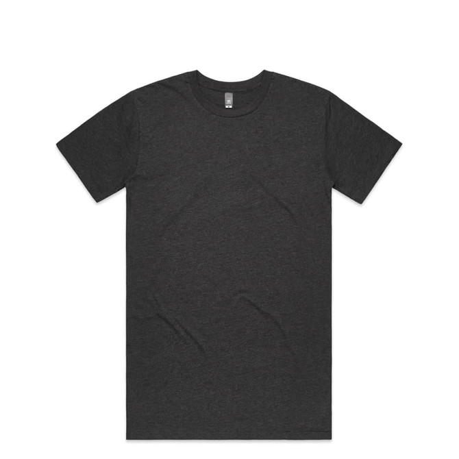 A dark grey T-shirt with a simple design and a logo on the label.