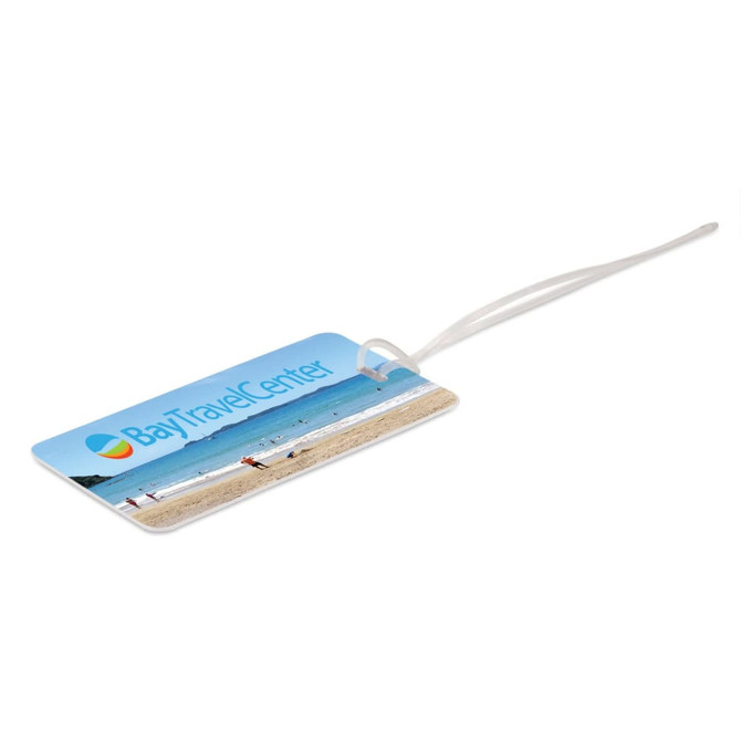 A rectangular luggage tag in blue featuring a beach scene, with a clear strap for attachment.