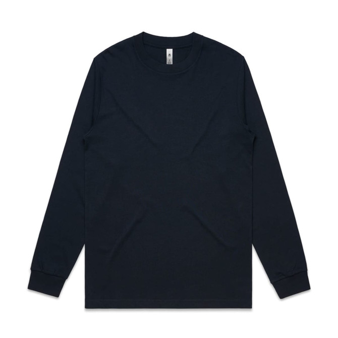A navy long-sleeve T-shirt featuring a simple design and a logo on the tag.