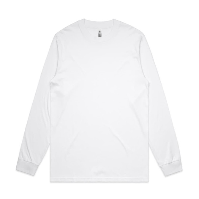 A white long-sleeve T-shirt featuring a simple design and a label, suitable for casual wear.