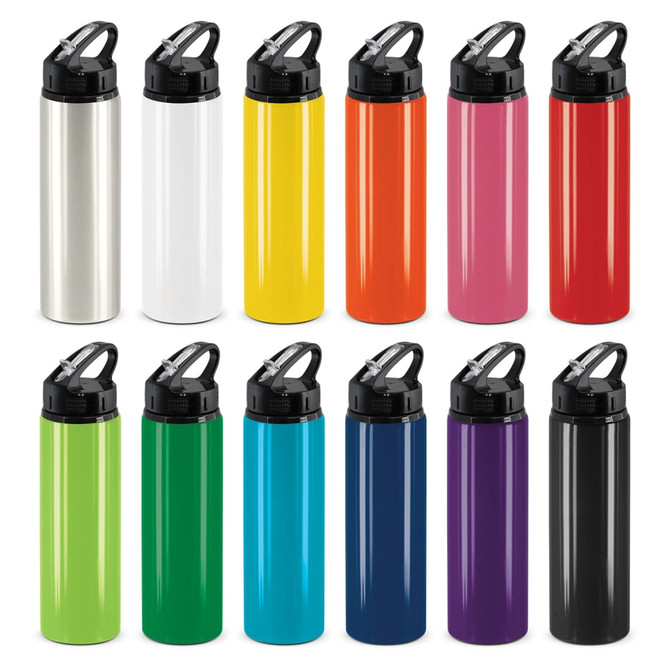 A collection of drink bottles featuring flip caps in various colours including silver, white, yellow, orange, red, green, blue, purple, and black. Each bottle has a logo.