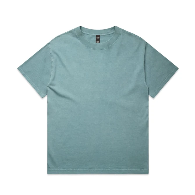 A short-sleeved, faded teal T-shirt with a round neck and a small logo on the label.