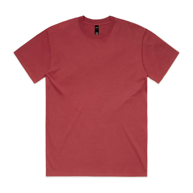 A heavy faded tee in a muted red colour, featuring a standard crew neck and short sleeves. The shirt has a logo.