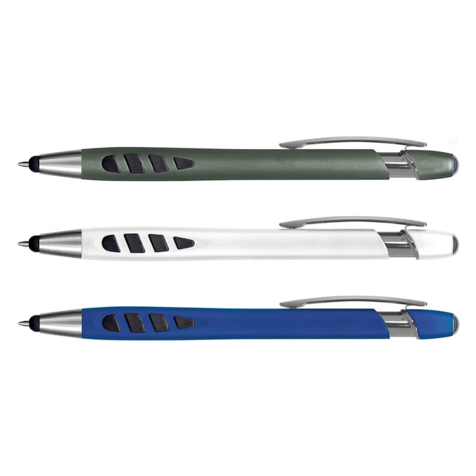 Three stylus pens in green, white, and blue, featuring sleek designs and grips. Each pen has a branding logo.