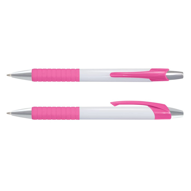 A pink and white pen with a rubber grip and chrome accents. Features a design suitable for writing.