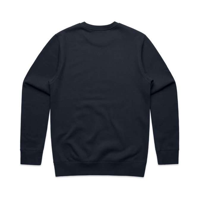A navy jumper with a crew neck and long sleeves, featuring a plain back side and ribbed cuffs.