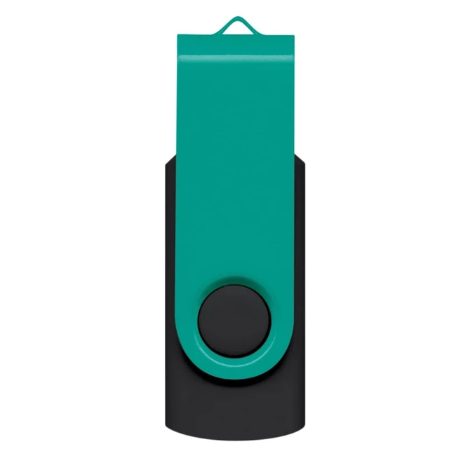 A teal and black Helix 16GB flash drive with a swivel design and a circular button. It features a logo on the side.