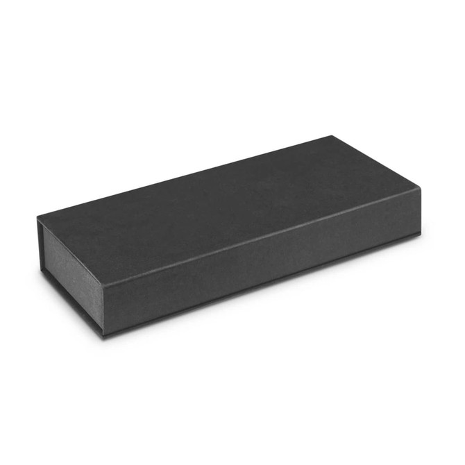 A black gift box for packaging pens, featuring a sleek and minimal design. It includes a logo or branding.