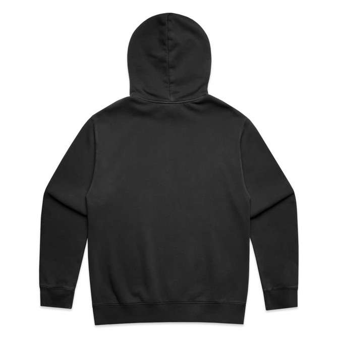A black hoodie featuring a plain back design and a hood. It has a logo on the garment.
